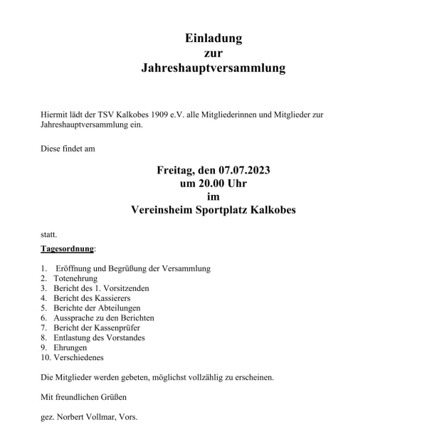 Einladung zur Jahreshauptversammlung